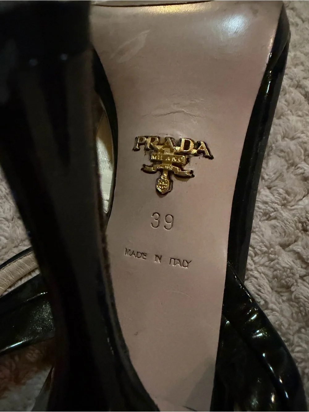 Prada Black Patent Leather T-Strap Heels with Geometric Jewels